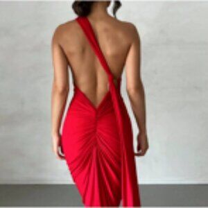 Red Sexy Women's One Shoulder Backless Fishtail Hem Dress